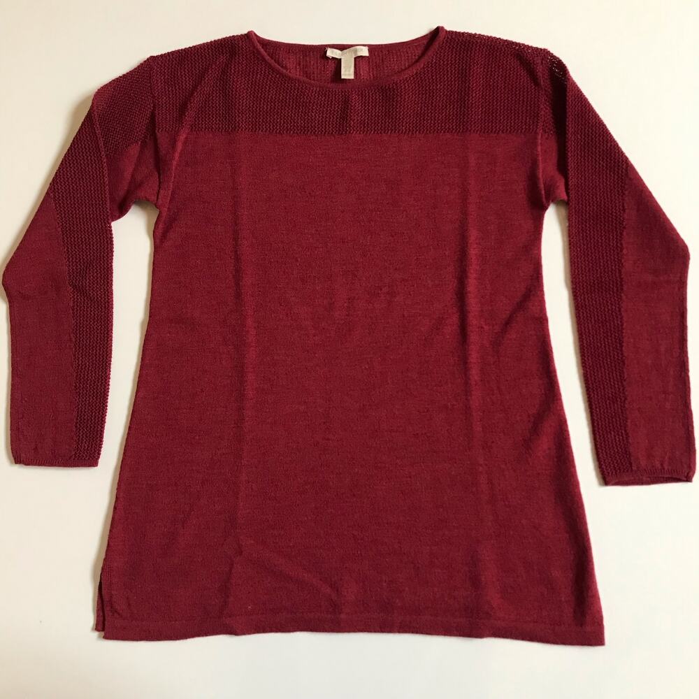 Eileen Fisher Scoop Neck Crimson Brick Red 100% Wool Sweater Petite Medium EUC